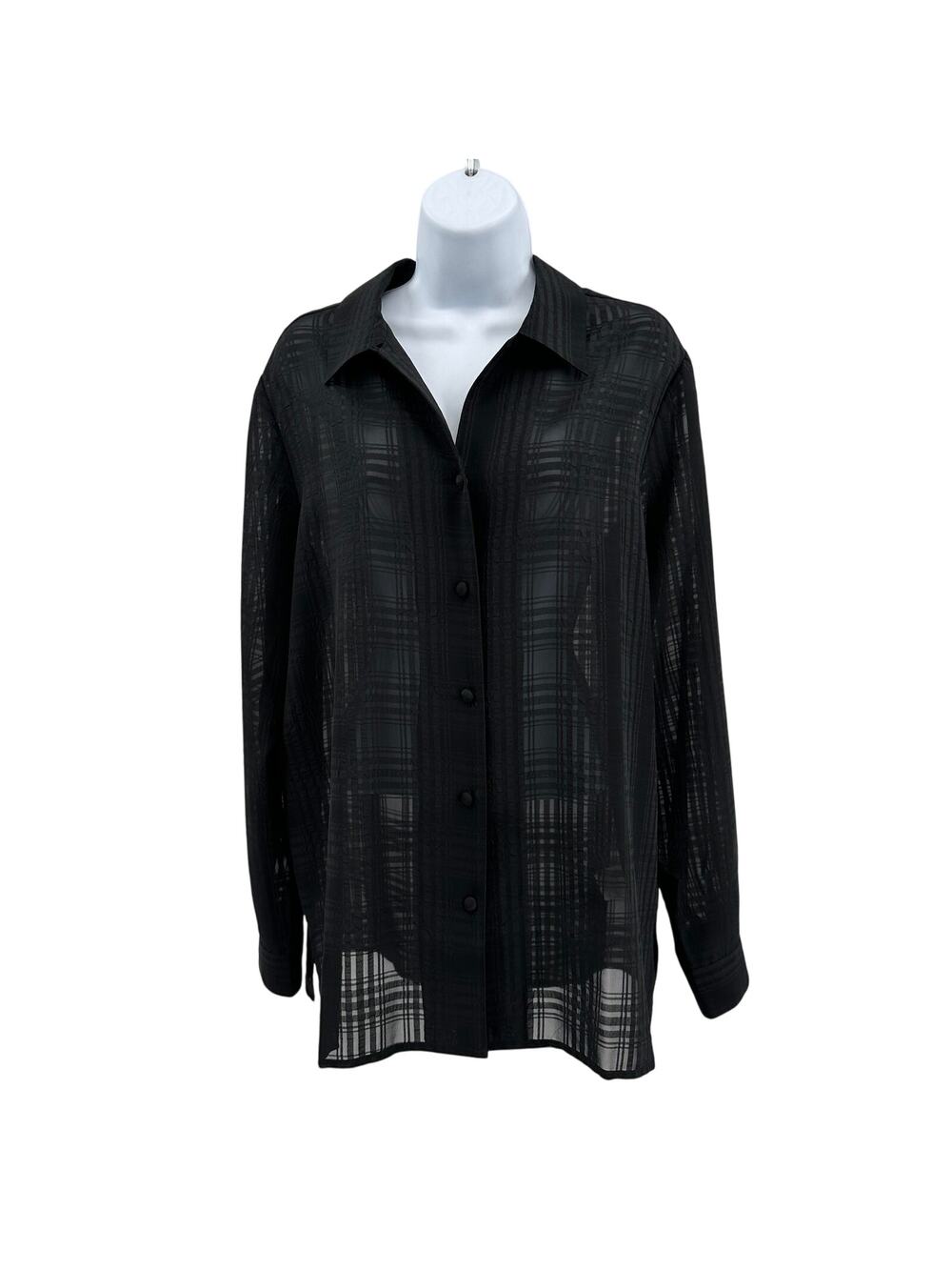 Liz Baker Sheer Shirt WMNS 14 Black Textured Grid Long Sleeve Button Up Bouse